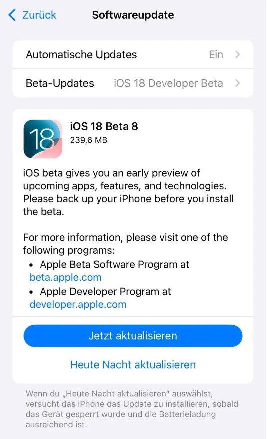 大悟苹果手机维修分享苹果 iOS / iPadOS 18 开发者预览版 Beta 8 发布 